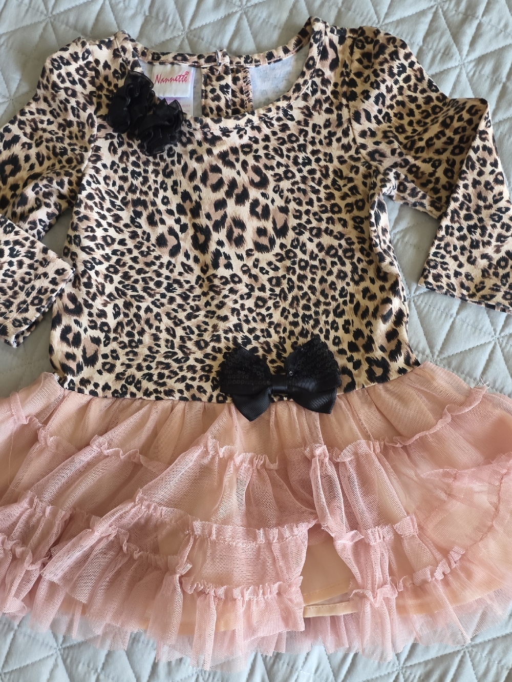 Nannette Leopard Print Bodice with Pink Tulle Ruffle Skirt and Black Bows